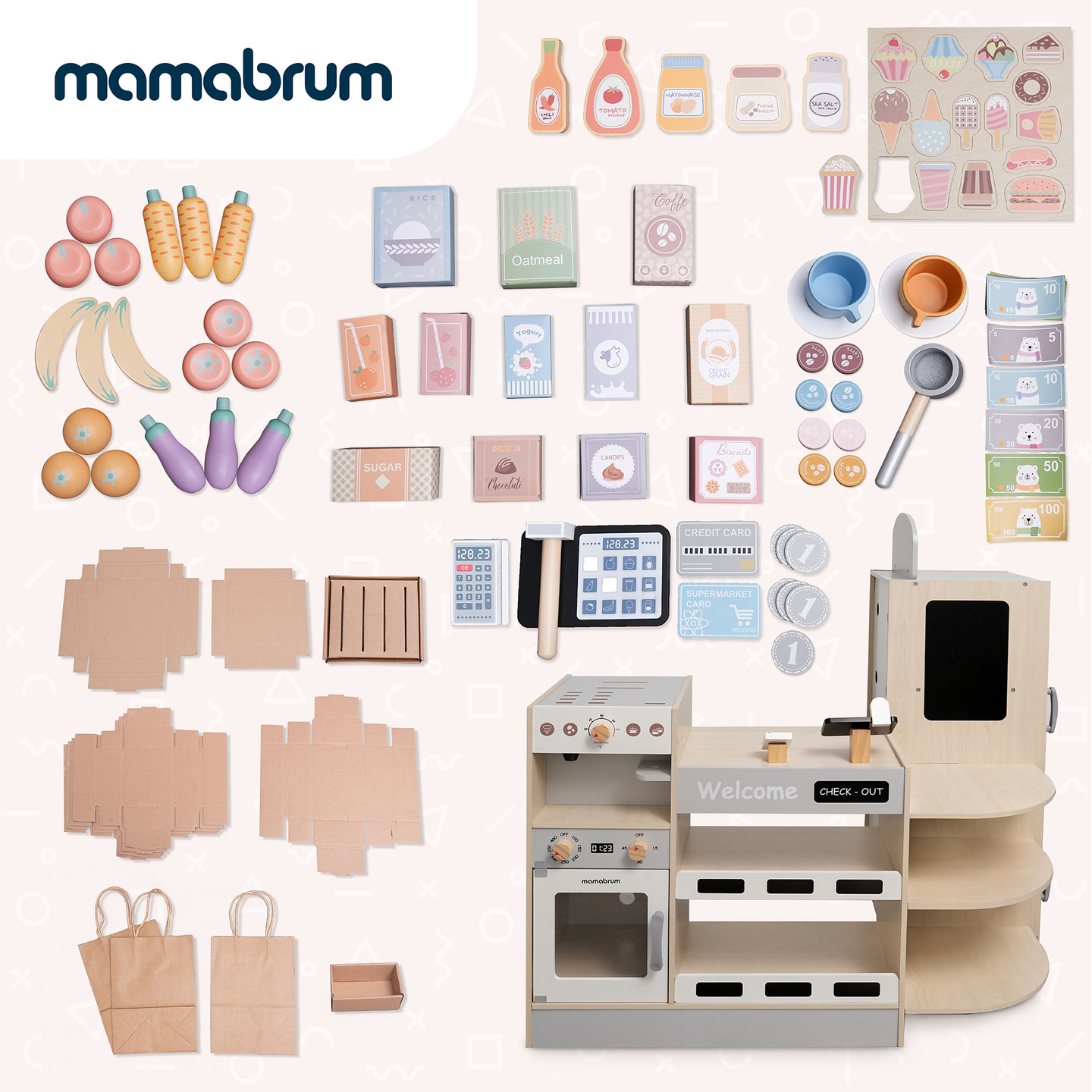 Velika lesena XXXL trgovina za otroke z barom za hitro prehrano - Kotiček + aparat za kavo + pečica + hladilnik - 106 ac.