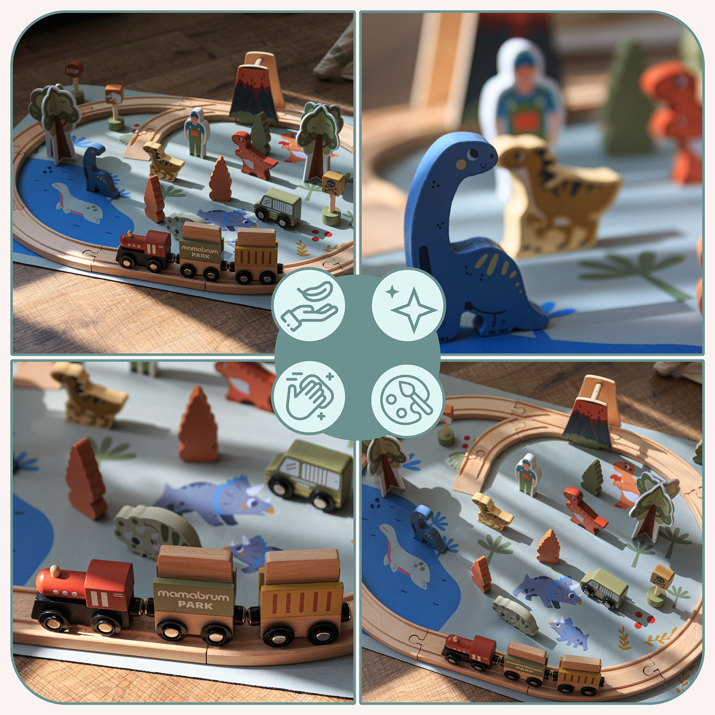 Lesen vlak Dino Park z nedrsečo podlogo - dinozavri, vlak, tiri, vulkan, zvonec