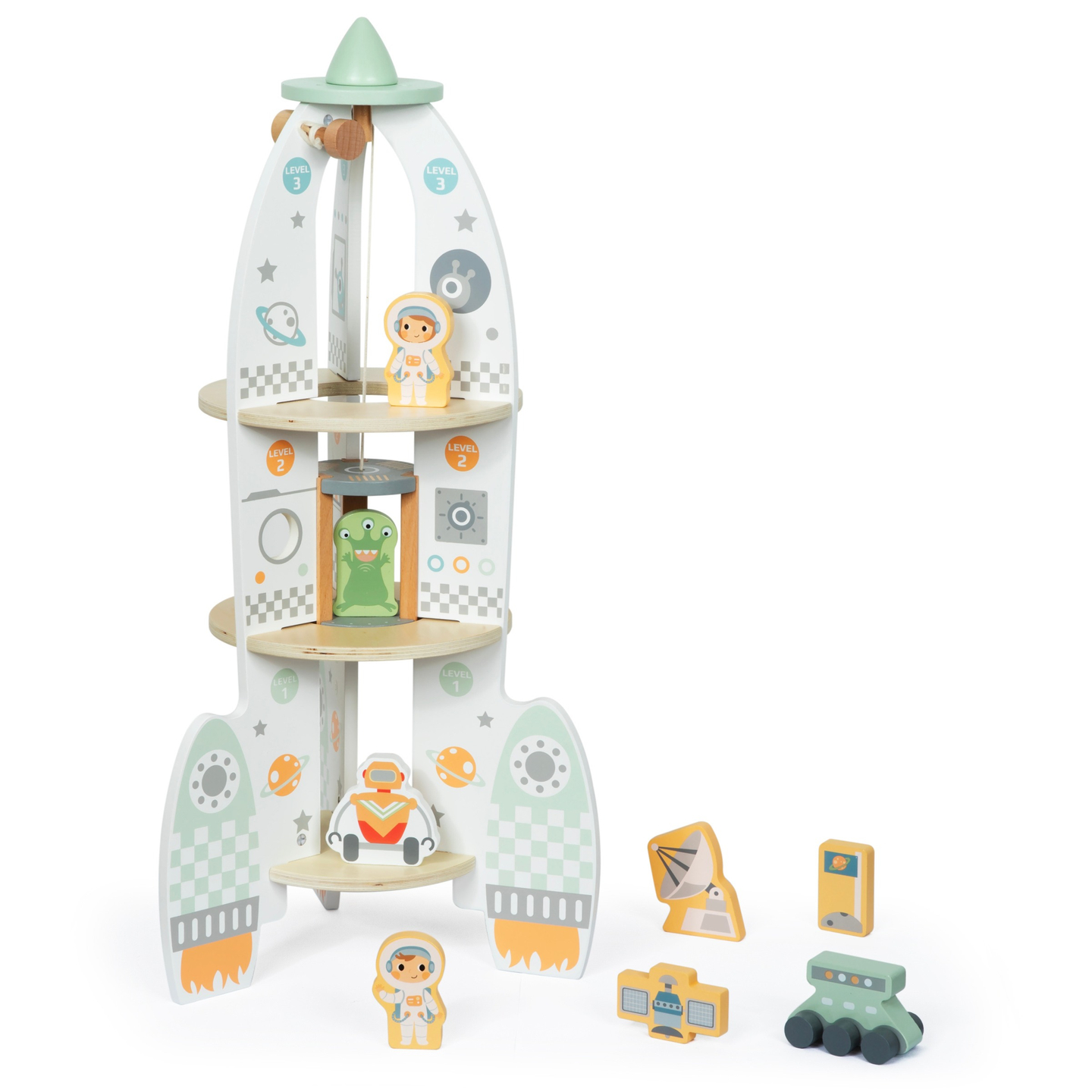 Velika lesena vesoljska raketa z dvigalom in dodatki - XXL