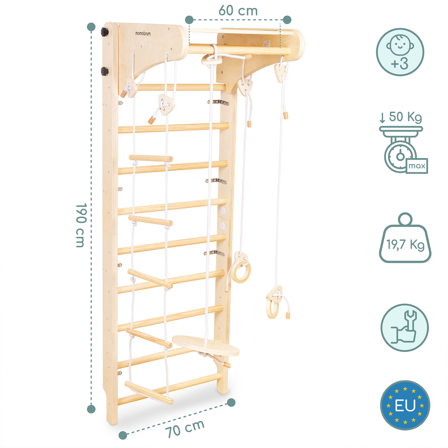 Lesena gimnastična lestev za otroke s pripomočki - gugalnico, gimnastičnimi obroči in vrvno lestvijo