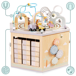 Velika lesena izobraževalna kocka - Montessori igrača z magnetnim vlakom in motornimi zankami