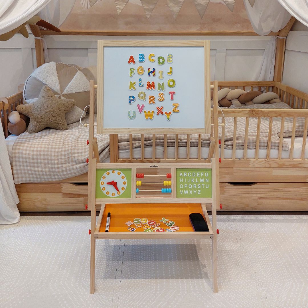 Velika izobraževalna dvostranska tabla: magnetna in kredna - tabla za brisanje na suho, lesena