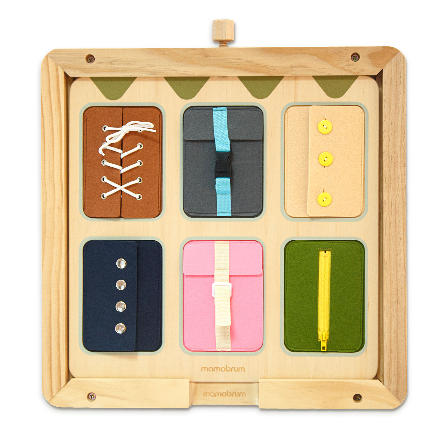 Lesena Montessori manipulativna tabla – senzorično učenje samostojnosti – vezalke, zaponke, gumbi, gumbi za zadrgo