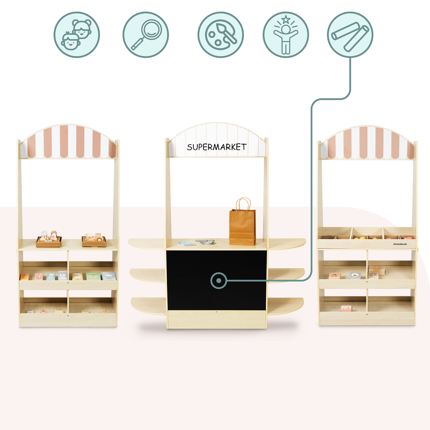 Velika lesena otroška trgovina s tablo - 91 kosov za zabavno nakupovanje!