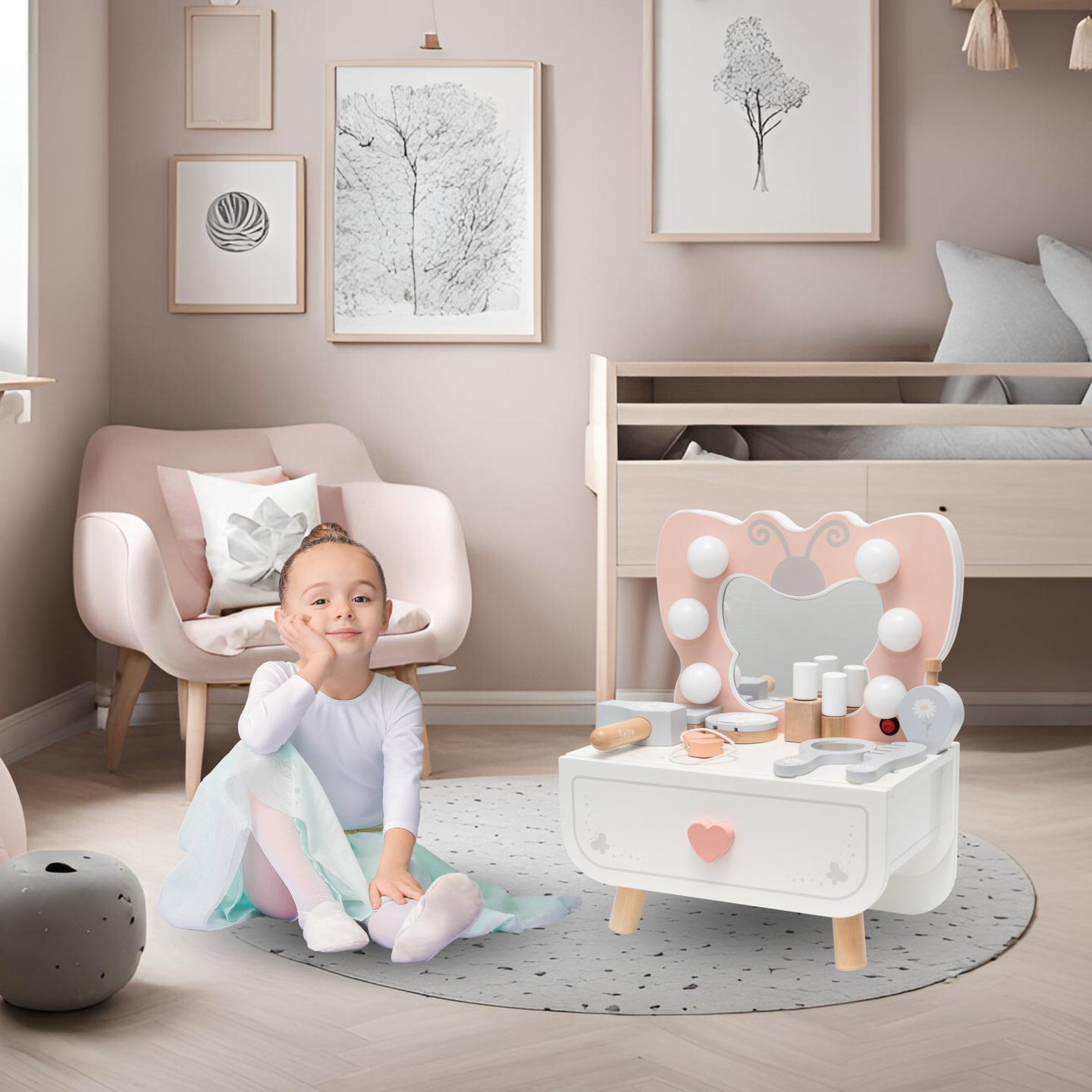 Lesena mini toaletna mizica z LED osvetlitvijo - Butterfly