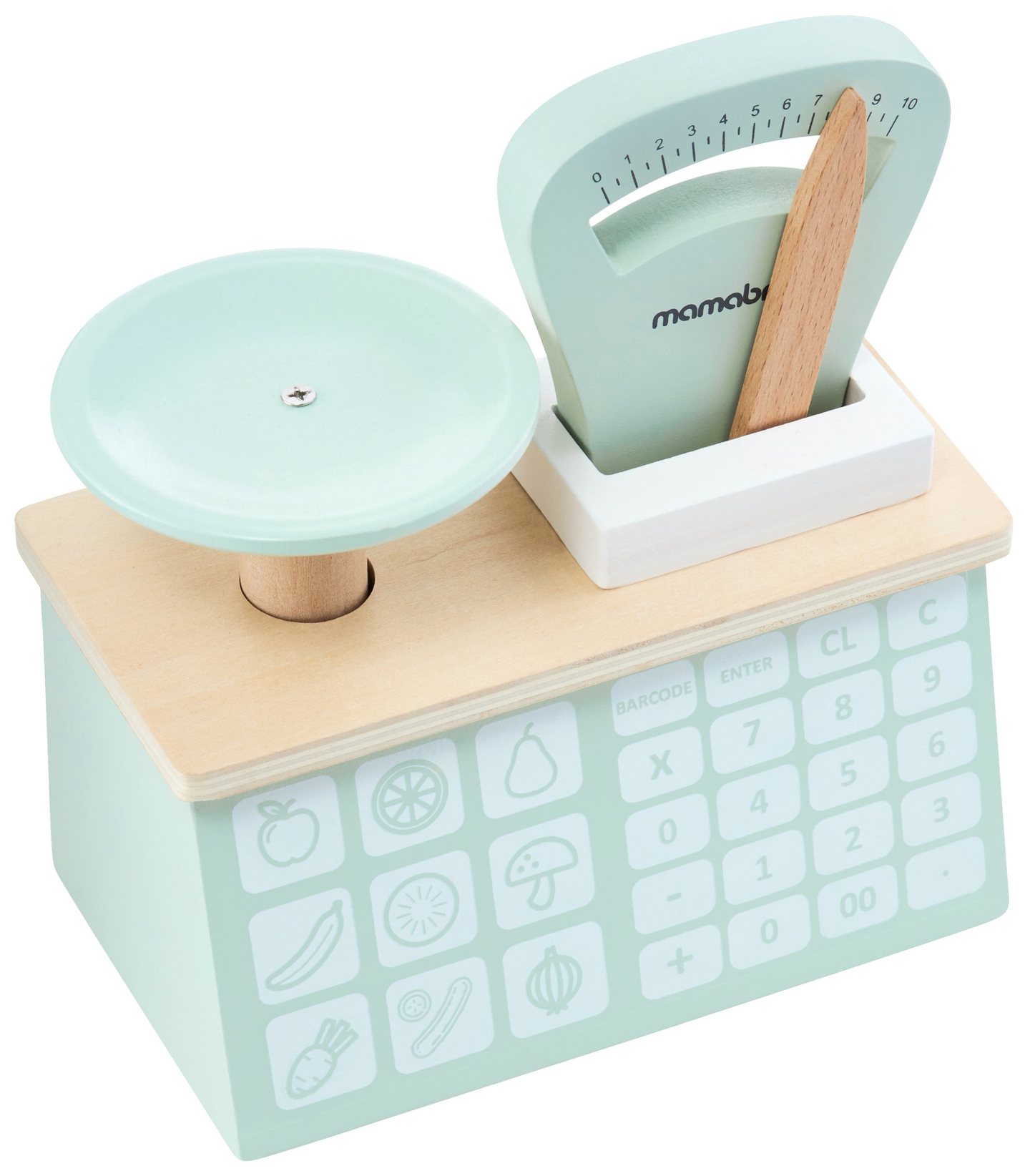 Velika lesena trgovina - stojnica in gledališče 2 v 1 s tehtnico, plačilnim terminalom, sadjem in zelenjavo