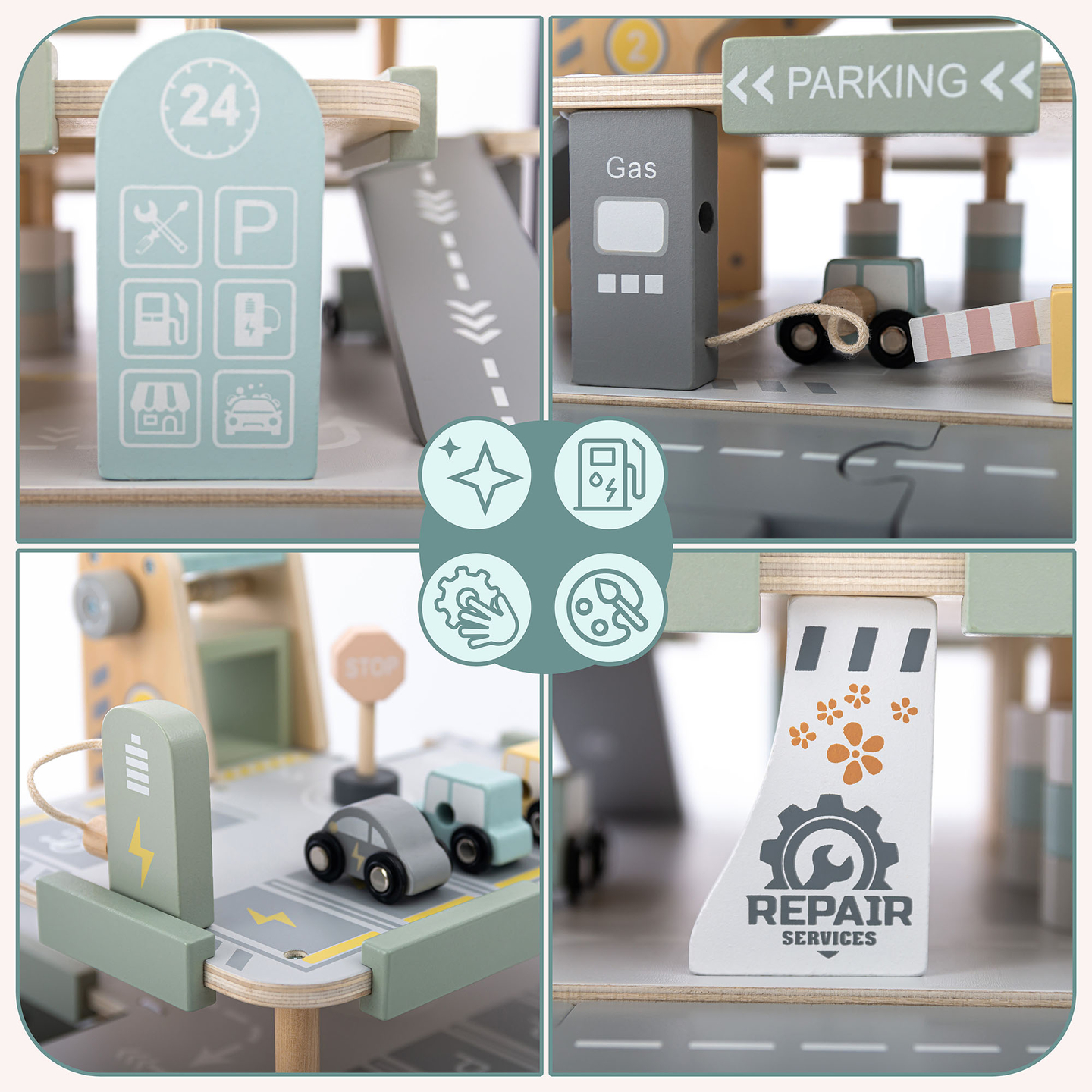 Lesena, trinadstropna garaža za otroke z dodatki – parkirišče, bencinska črpalka, avtopralnica, helikopter