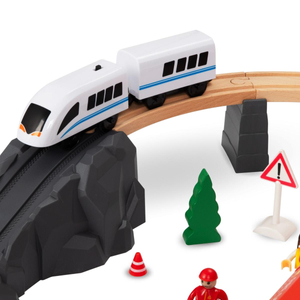 Leseni vlak, vlak na baterije - Gasilci, tiri, avtomobili, mostovi, pregrade