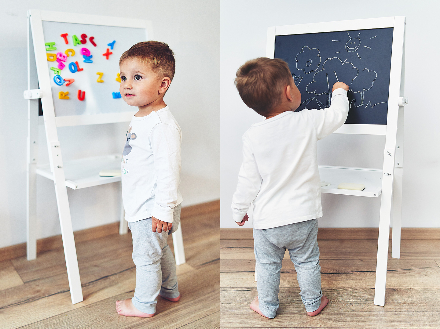 Izobraževalna dvostranska tabla: magnetna in kredna - suho brisanje, lesena, za otroke, zložljiva