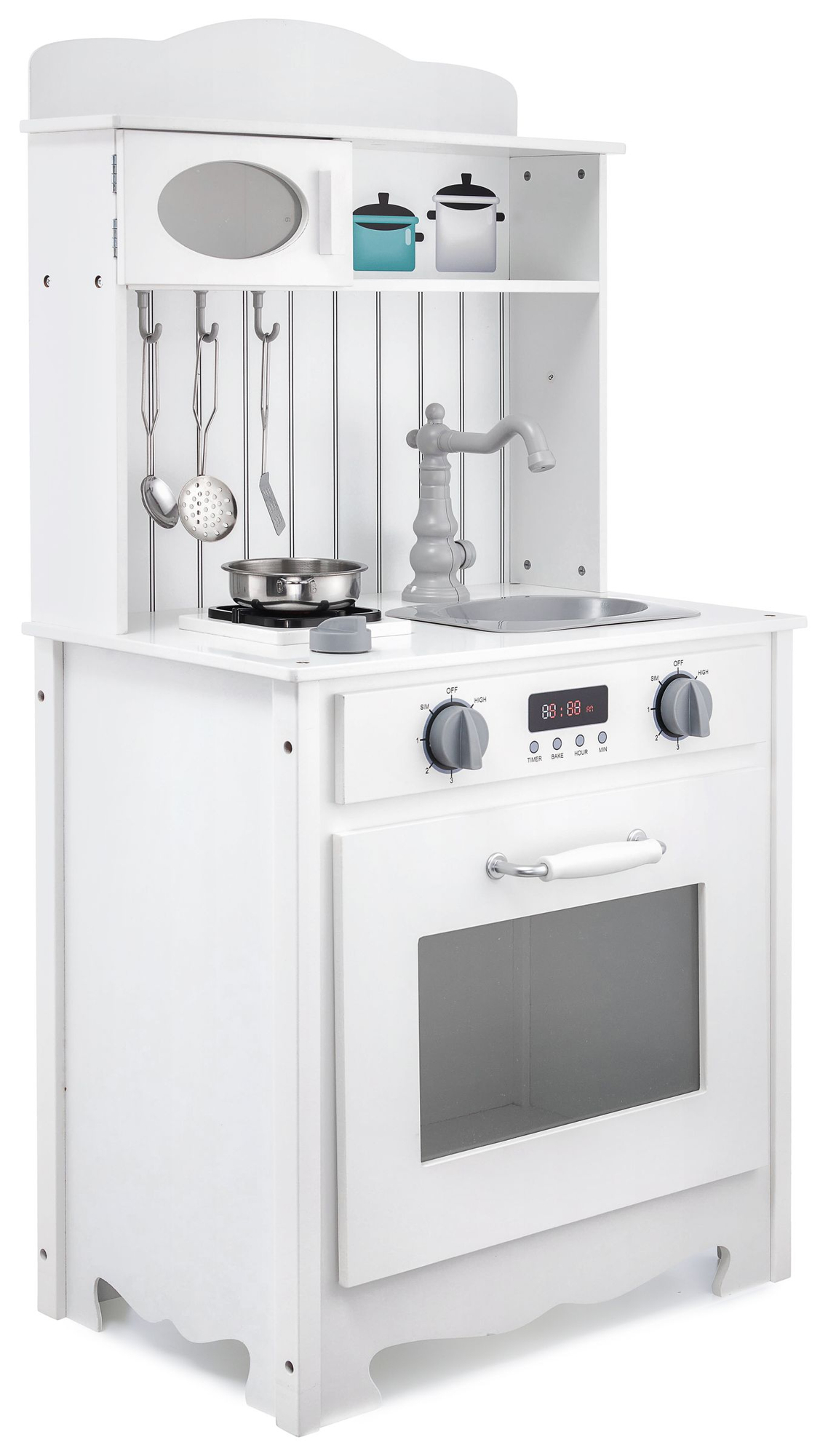 Bela lesena kuhinja s predpasnikom, dodatki in svetilko LED