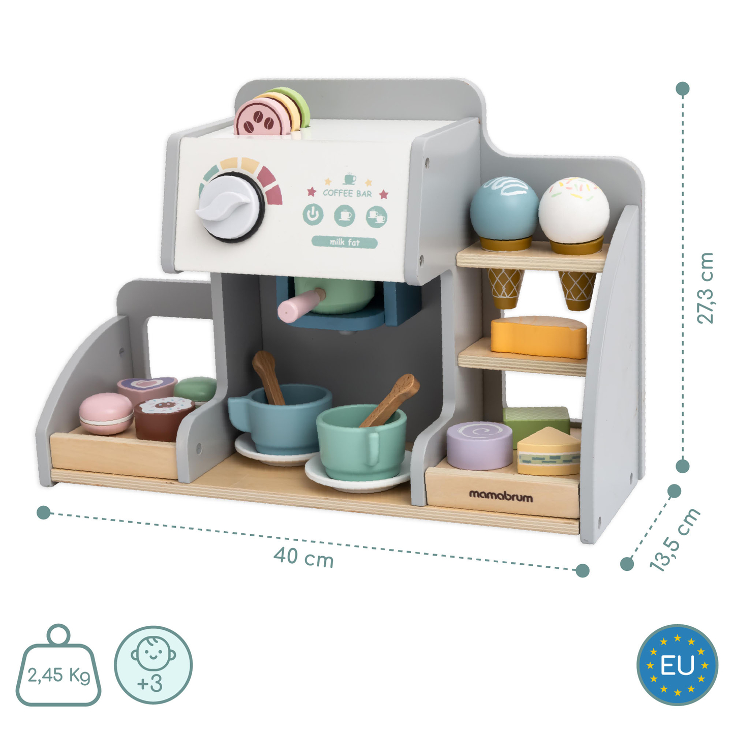 Velika lesena sladoledarna z magnetno tablo, aparatom za kavo ter setom za sladoled in sladice - več kot 70 kosov!