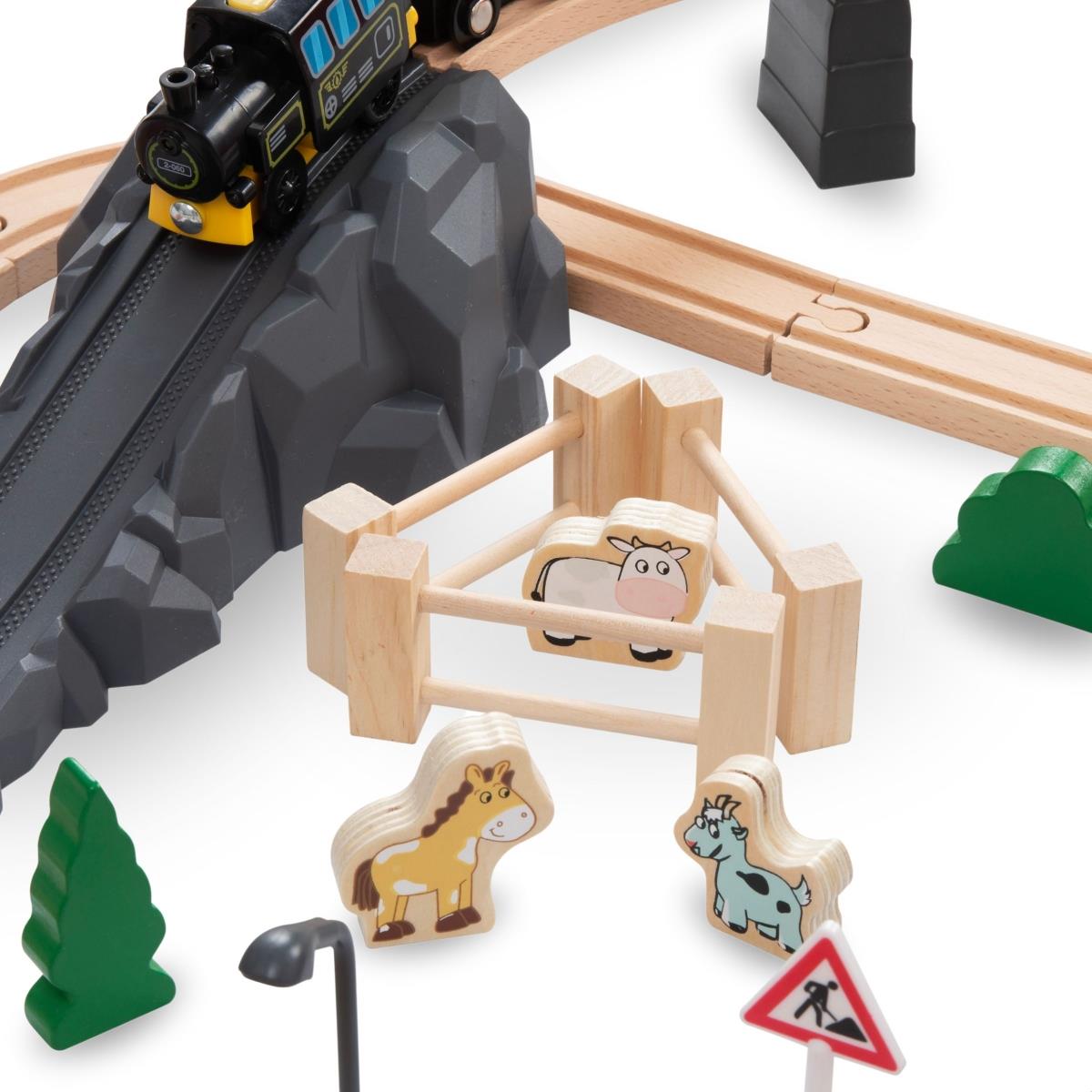 Lesena železnica, vlak na baterije - Mesto: tiri, avtomobili, most, letališče