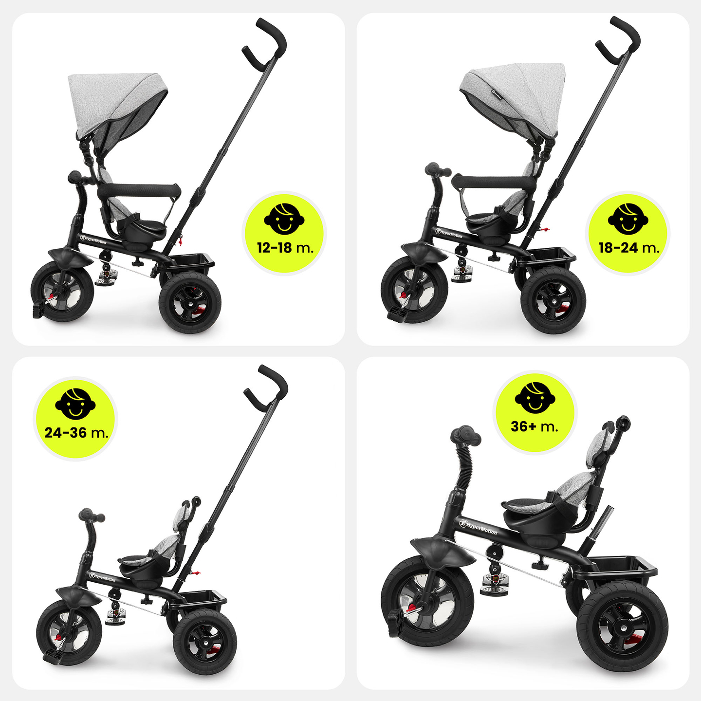 Tricikel za otroke od 1 do 4 let - TOBI FREY - siva barva - vrtljiv - kolesa s črpalko + tlačilka