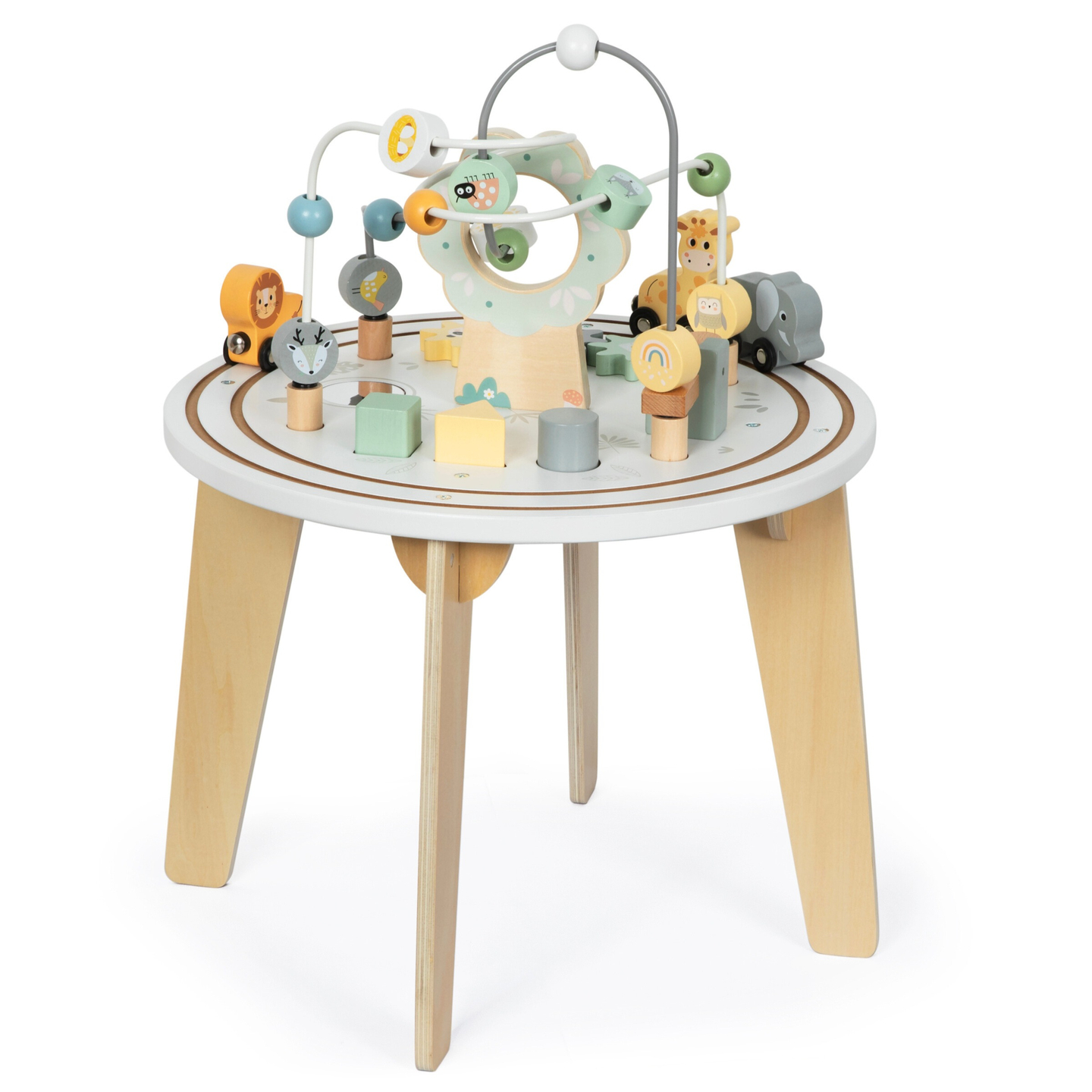 Lesena okrogla izobraževalna miza z magnetnim vlakcem in izstrelkom perlic