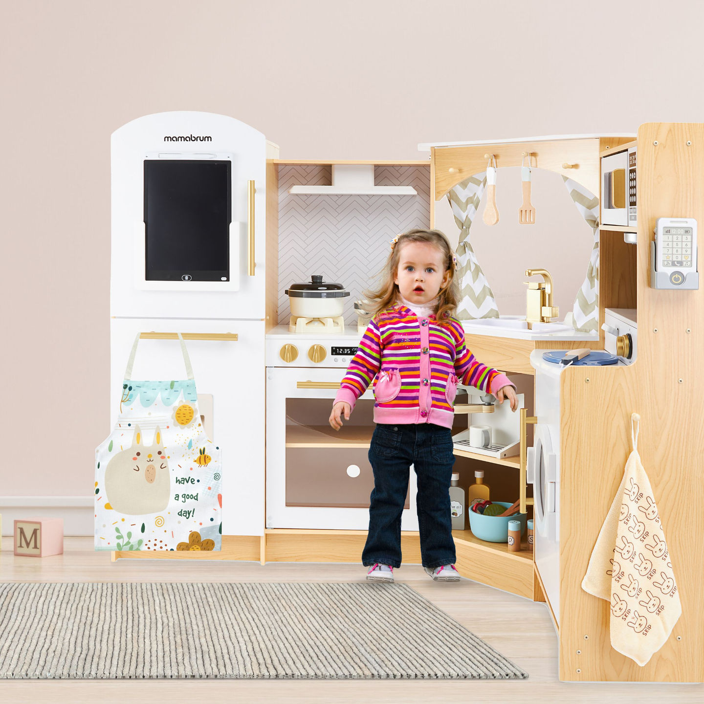 XXXXL velika lesena interaktivna kuhinja z osvetlitvijo LED, pralnim strojem, mikrovalovno pečico, kavnim aparatom ter sadnim in zelenjavnim setom - 50 elementov