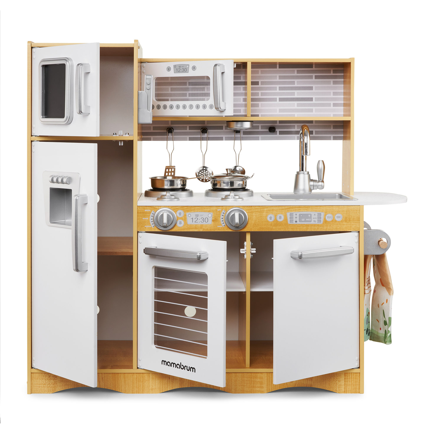 XXL lesena kuhinja z LED osvetlitvijo, predpasnikom in dodatki