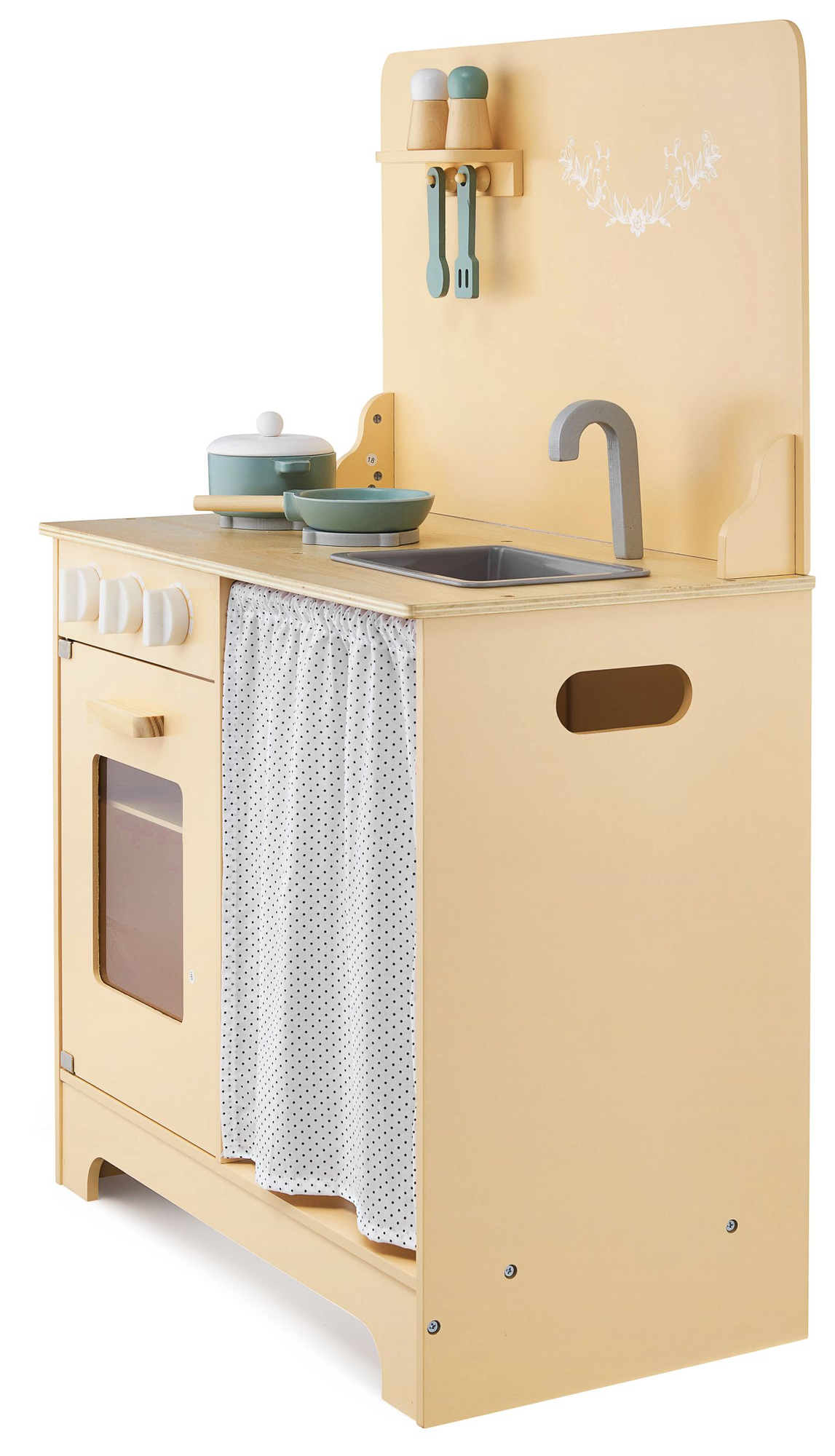 Lesena kuhinja s predpasnikom, dodatki in razsvetljavo LED