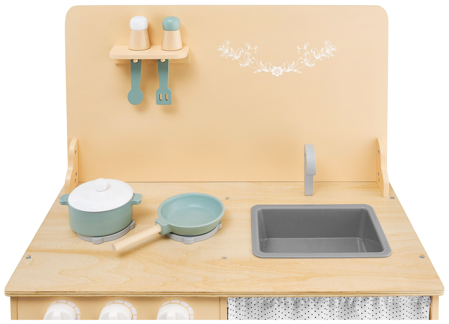 Lesena kuhinja s predpasnikom, dodatki in razsvetljavo LED