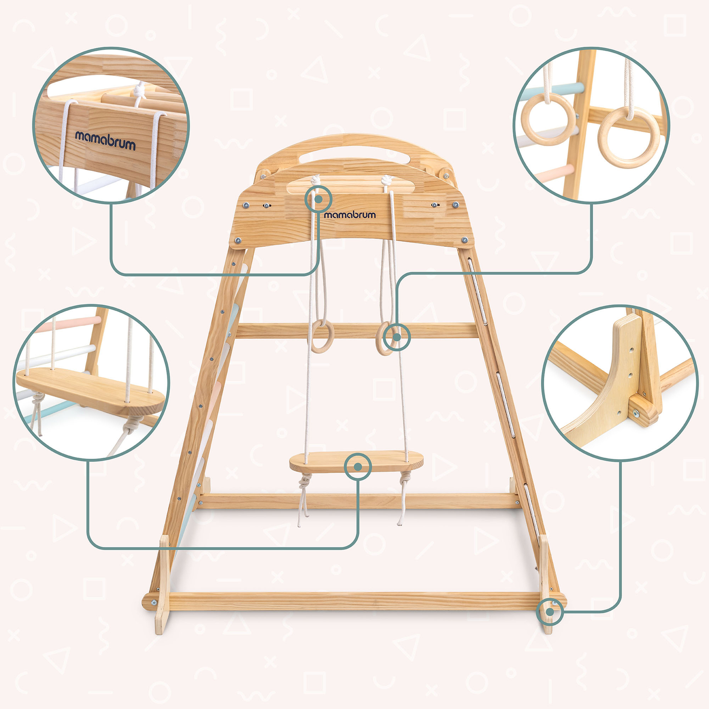 Leseno notranje igrišče z gugalnico, gimnastičnimi obroči in plezalno mrežo
