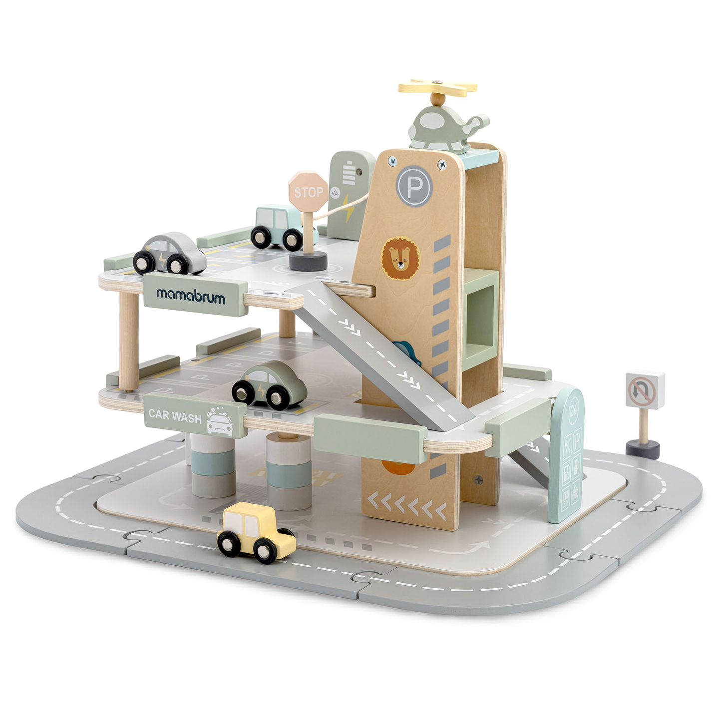 Lesena, trinadstropna garaža za otroke z dodatki – parkirišče, bencinska črpalka, avtopralnica, helikopter