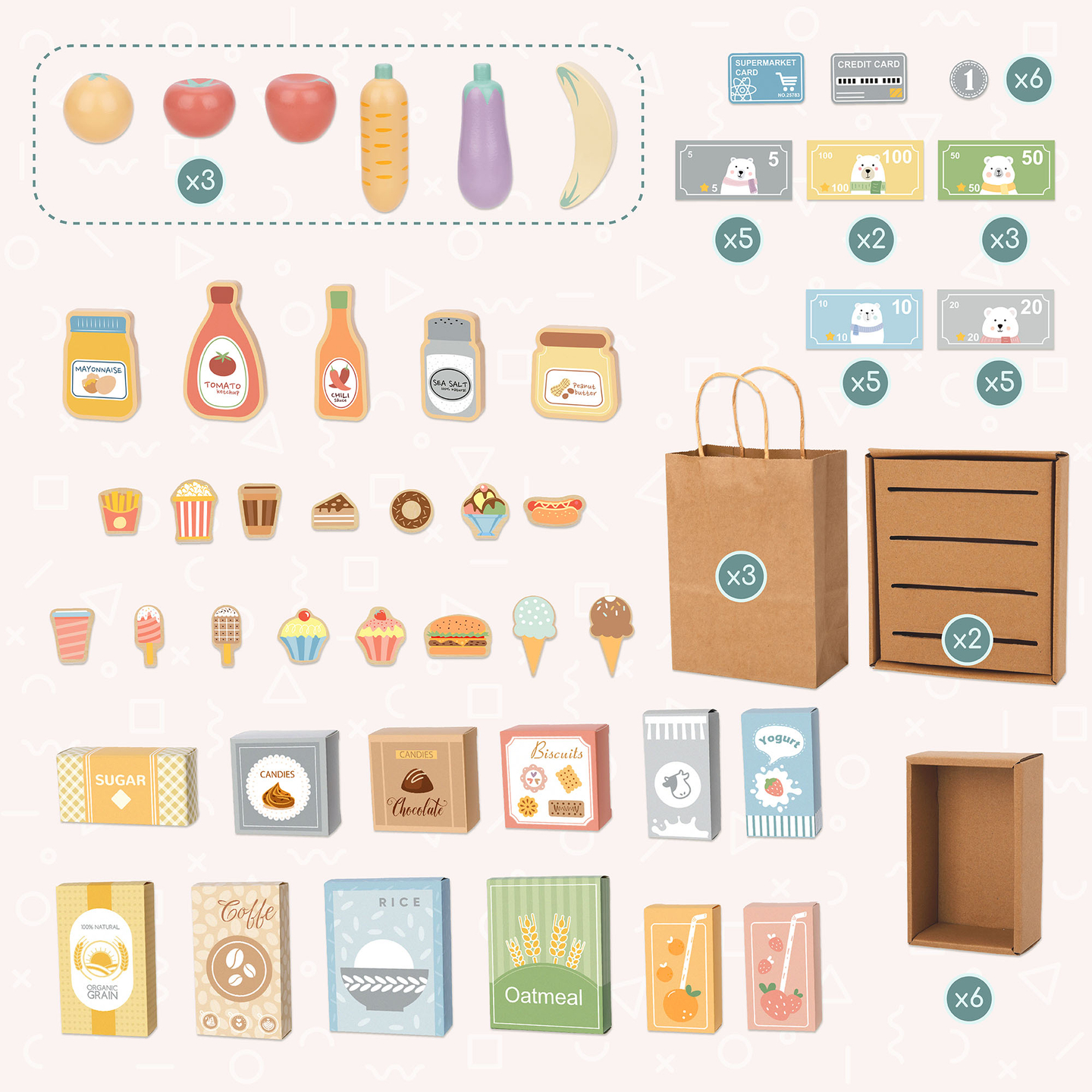 Velika lesena otroška trgovina s tablo - 91 kosov za zabavno nakupovanje!