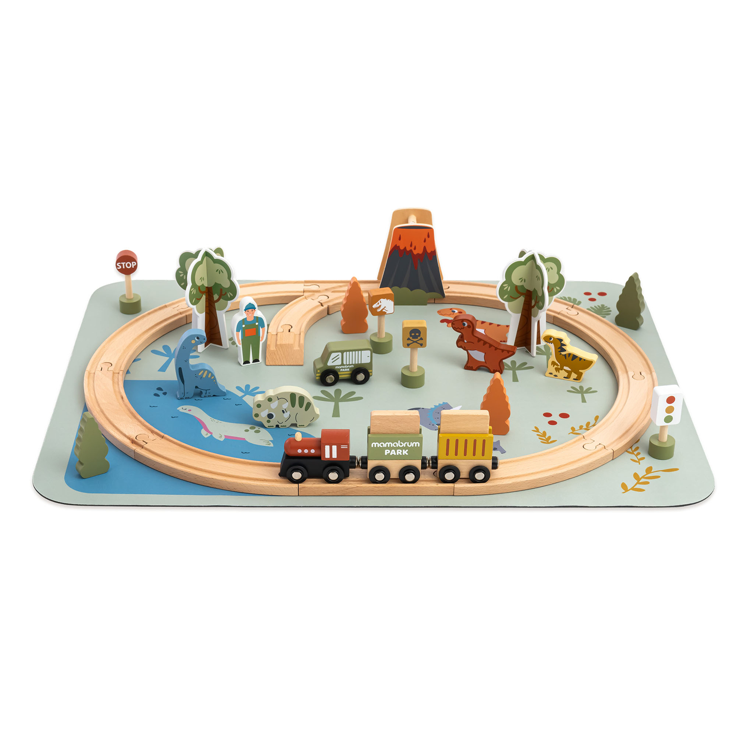 Lesen vlak Dino Park z nedrsečo podlogo - dinozavri, vlak, tiri, vulkan, zvonec