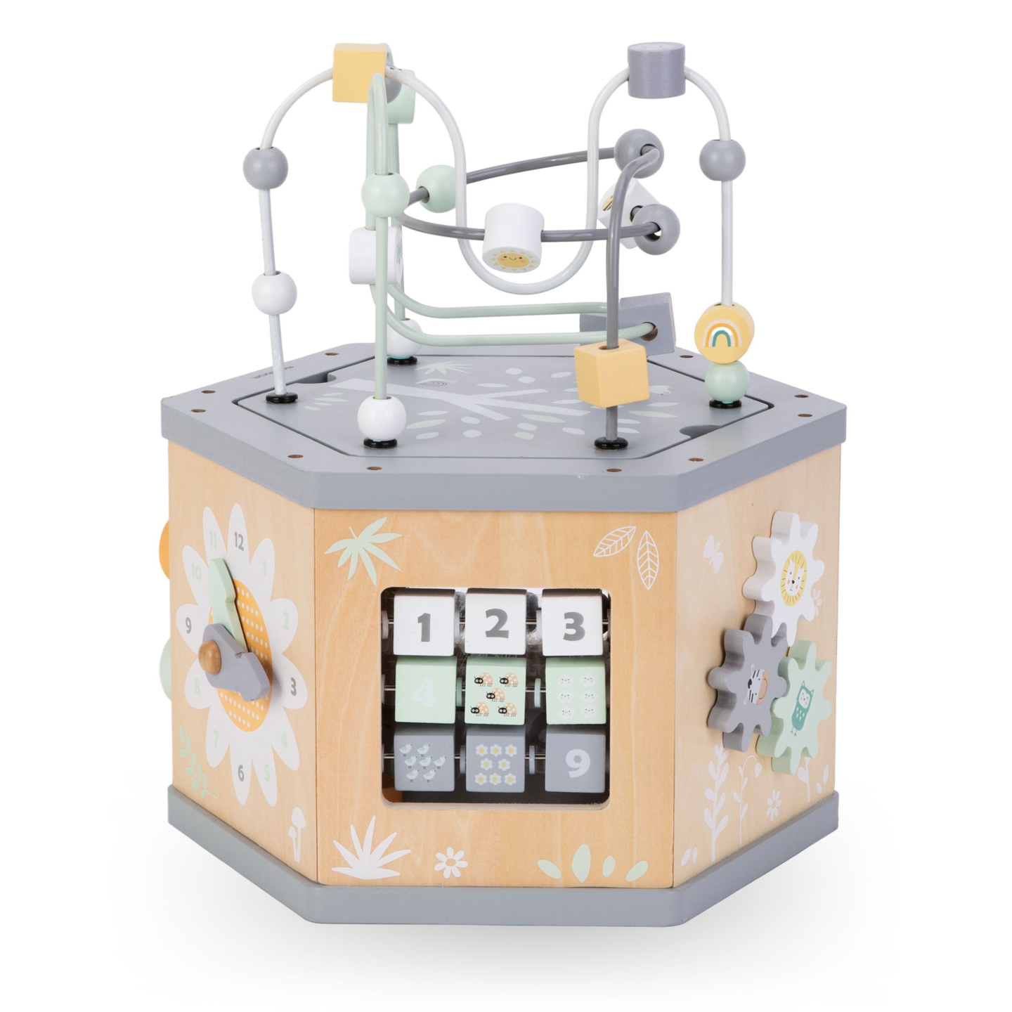 Interaktivna lesena izobraževalna kocka 7 v 1 - motorična zanka