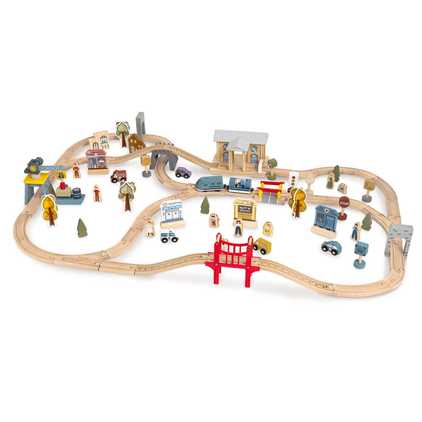 Lesena mestna železnica z električnim vlakom - premikajoči se žerjav, ladja, mostovi