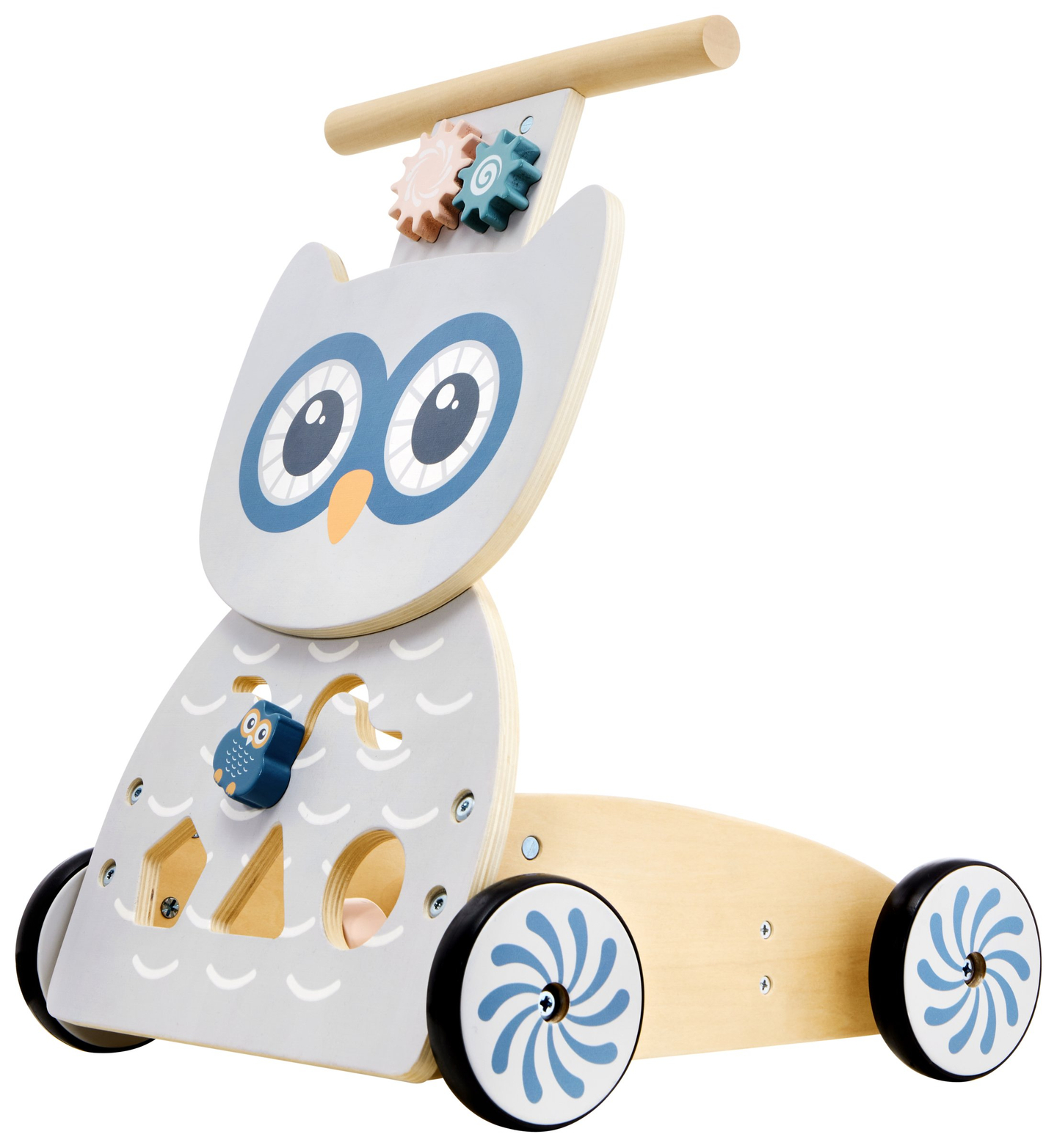 Leseni večnamenski sprehajalnik - tlačilka - voziček z bloki - Sova