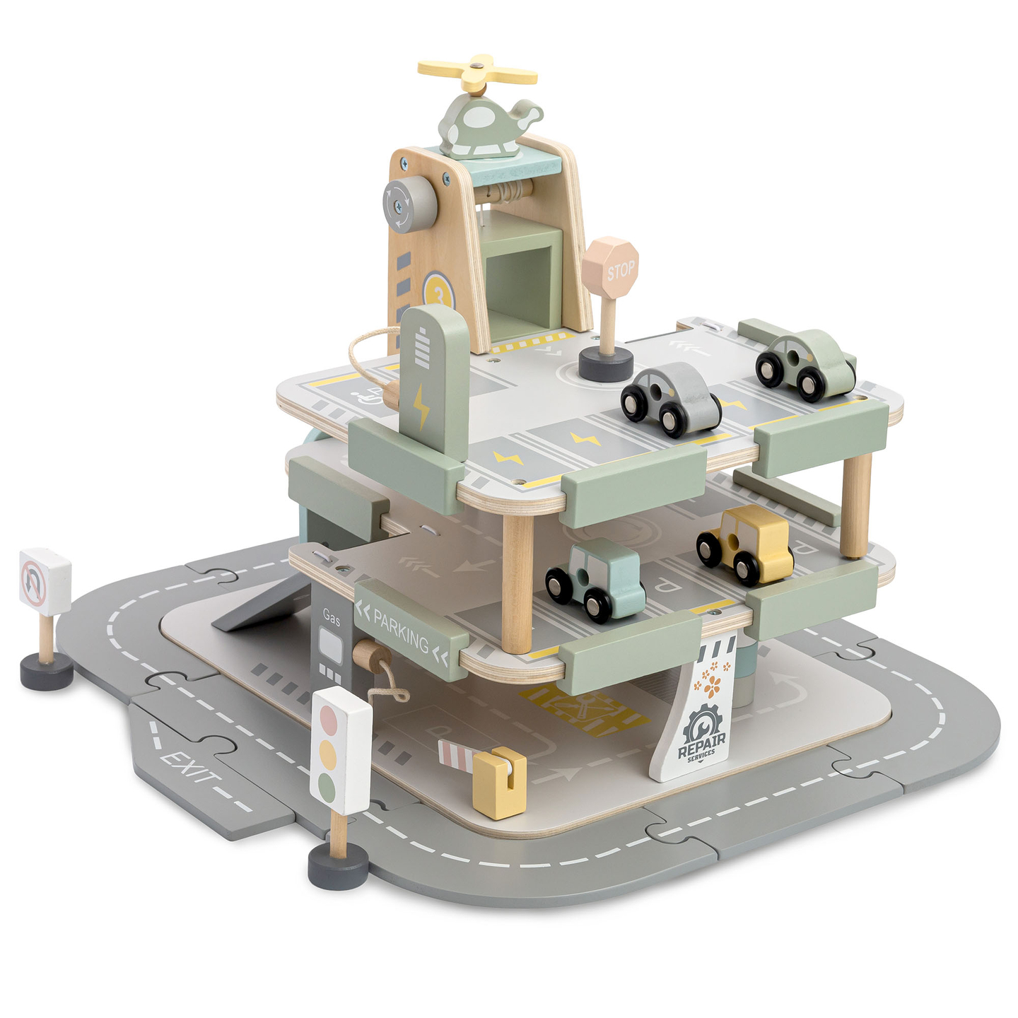 Lesena, trinadstropna garaža za otroke z dodatki – parkirišče, bencinska črpalka, avtopralnica, helikopter