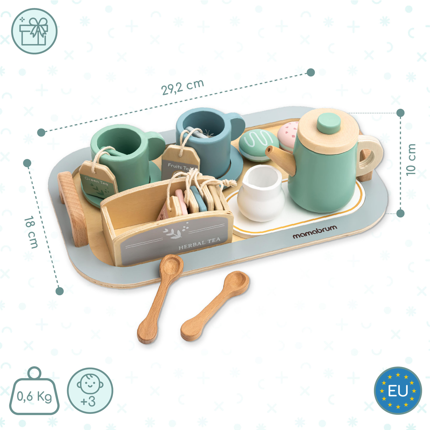 Velik lesen čajni set s pladnjem - 18 kosov