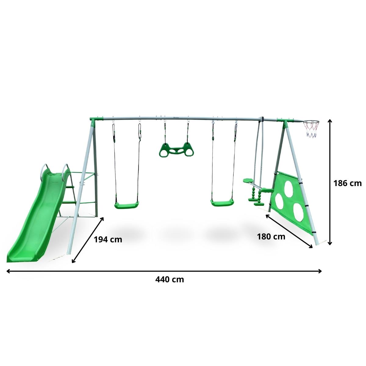 XXXL vrtno igrišče za otroke z gugalnicami, toboganom, gimnastičnim trapezom, košarkarskim košem in nogometnim golom