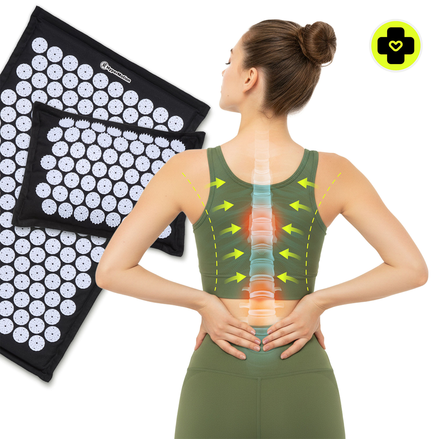 EKO lanena akupresurna podloga s kokosovimi vlakni in ajdovo blazino – 68 cm HyperMotion črno-bela