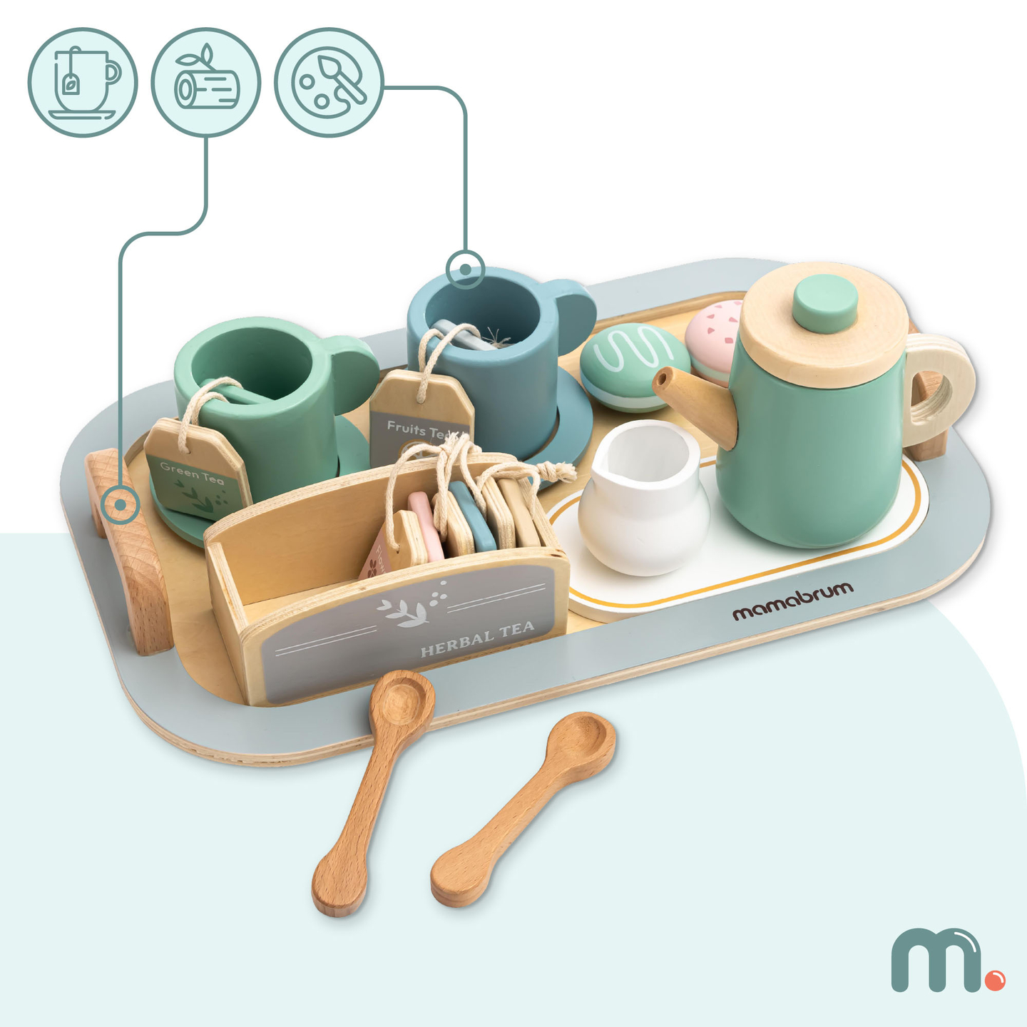 Velik lesen čajni set s pladnjem - 18 kosov