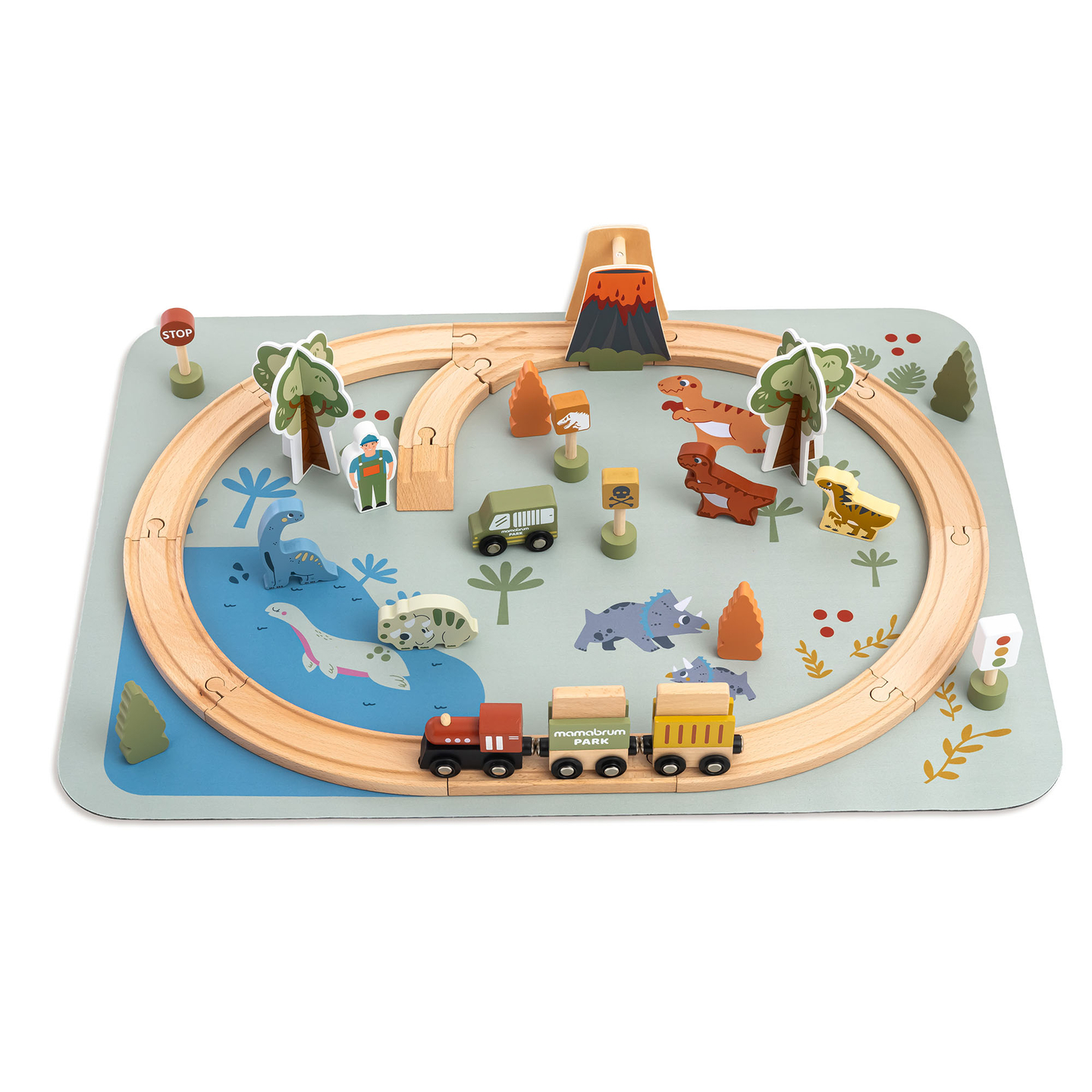 Lesen vlak Dino Park z nedrsečo podlogo - dinozavri, vlak, tiri, vulkan, zvonec