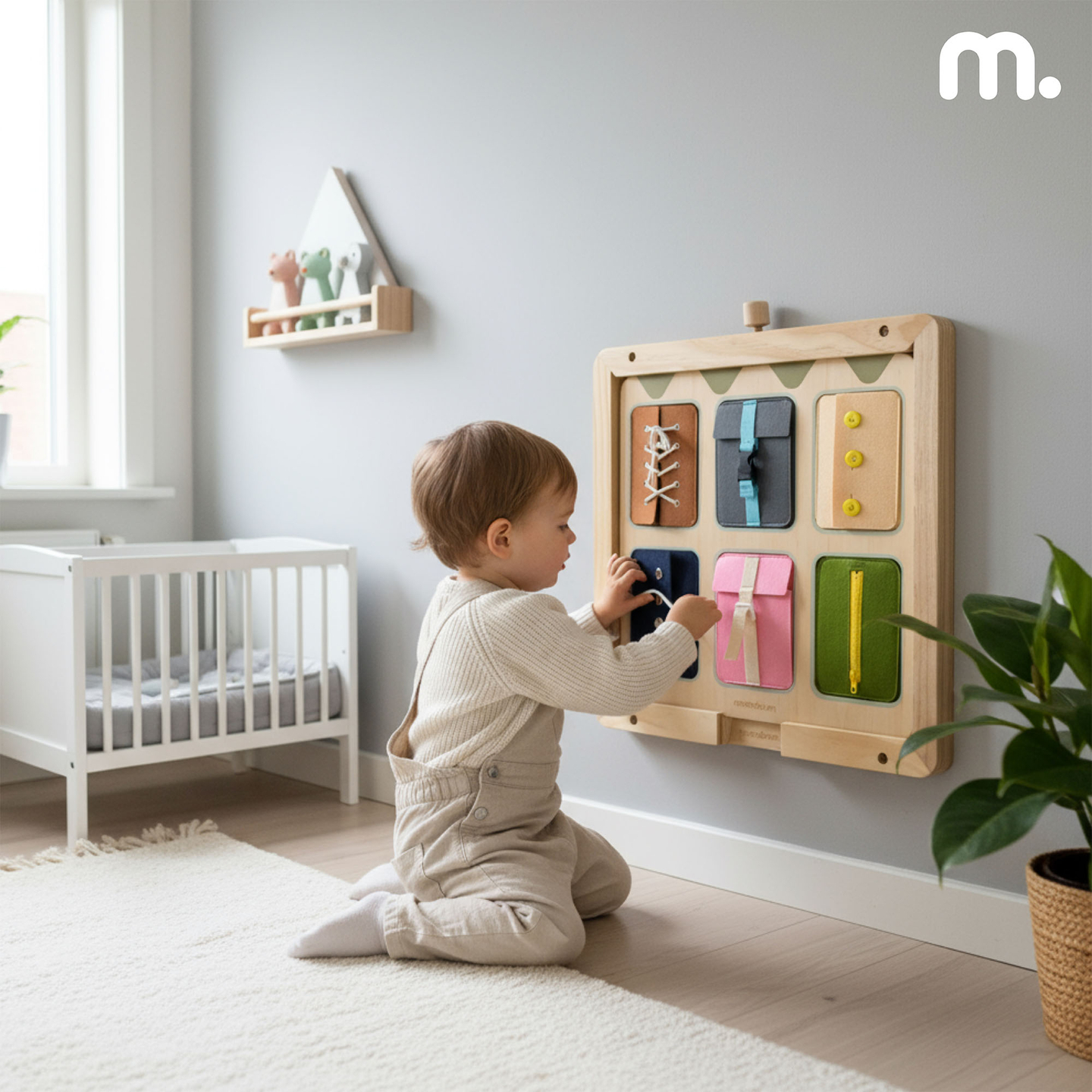 Lesena Montessori manipulativna tabla – senzorično učenje samostojnosti – vezalke, zaponke, gumbi, gumbi za zadrgo