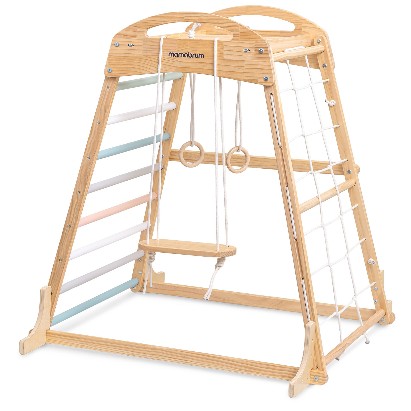 Leseno notranje igrišče z gugalnico, gimnastičnimi obroči in plezalno mrežo