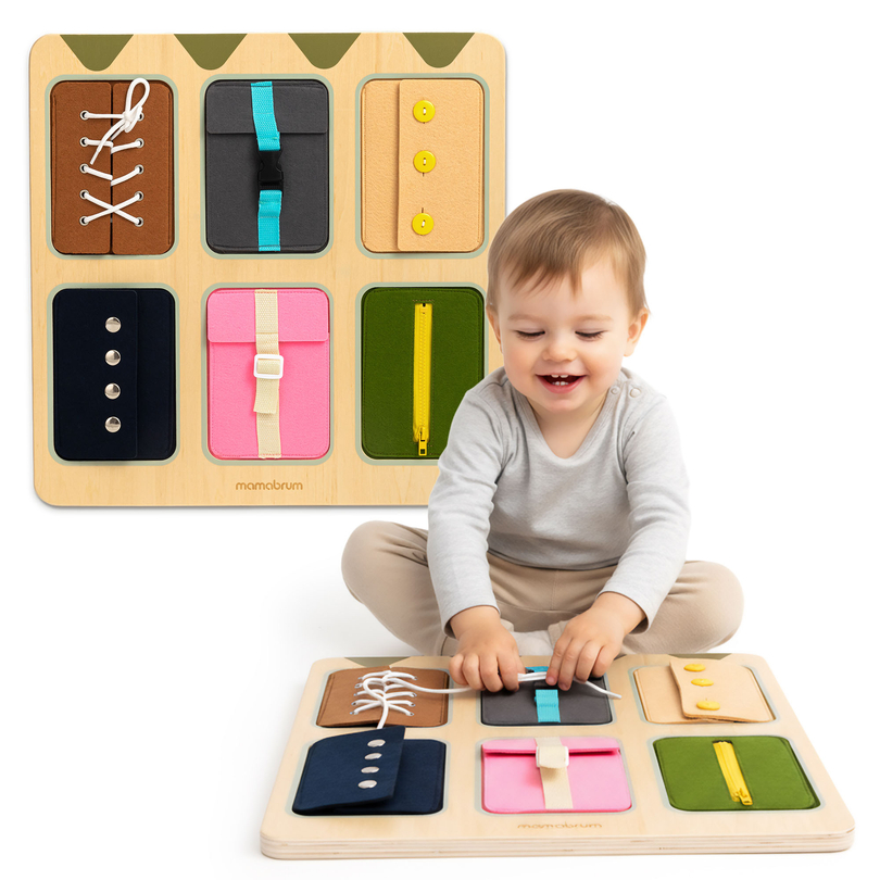 Lesena Montessori manipulativna tabla – senzorično učenje samostojnosti – vezalke, zaponke, gumbi, gumbi za zadrgo