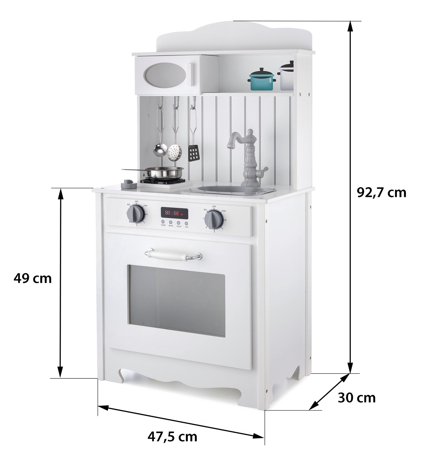 Bela lesena kuhinja s predpasnikom, dodatki in svetilko LED