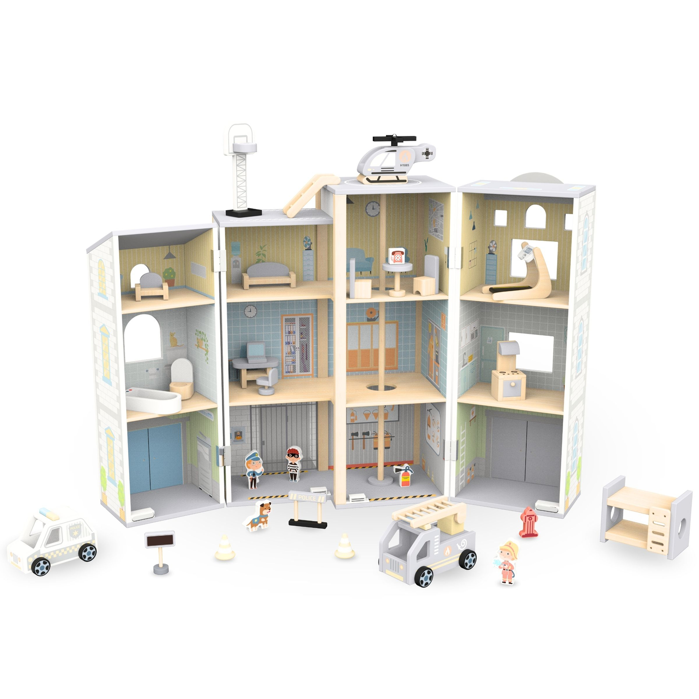 Velika zložljiva gasilska postaja s policijsko postajo - lesen komplet. Gasilska in policijska postaja z dodatki.