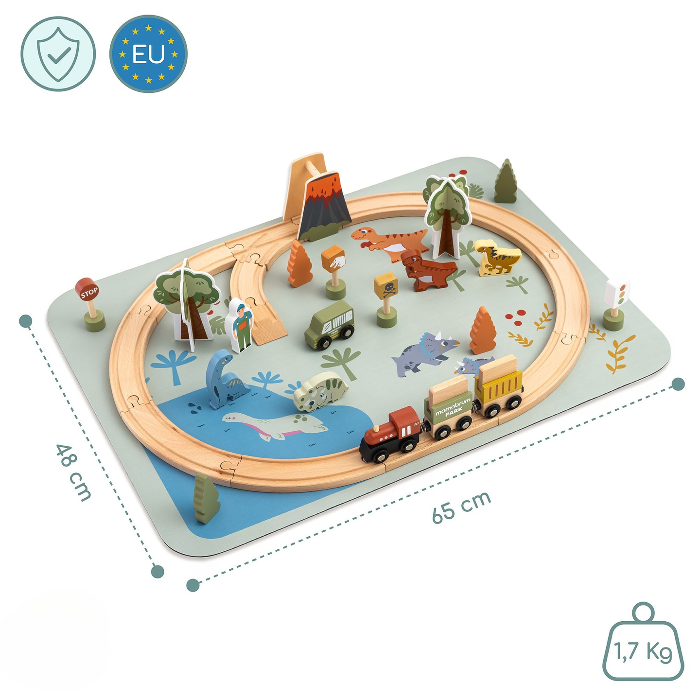 Lesen vlak Dino Park z nedrsečo podlogo - dinozavri, vlak, tiri, vulkan, zvonec