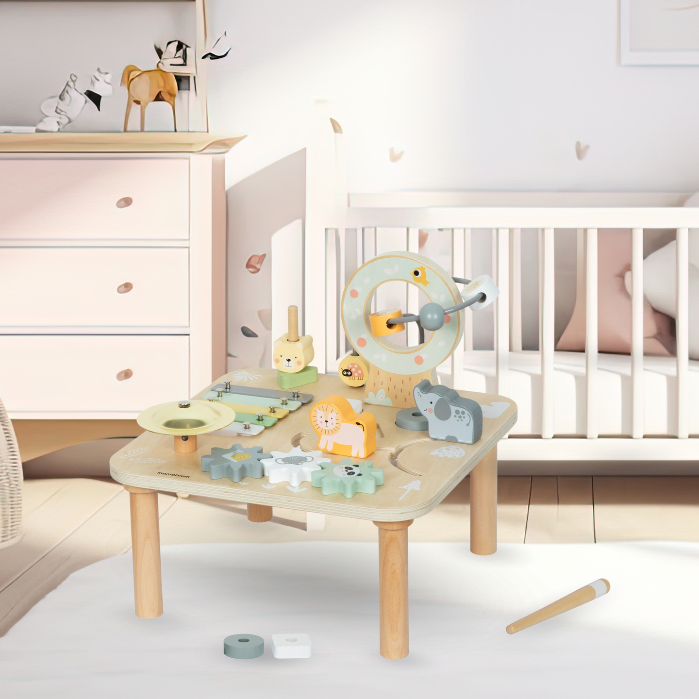 Lesena izobraževalna glasbena miza 7 v 1 s činelami in gongom - divja džungla