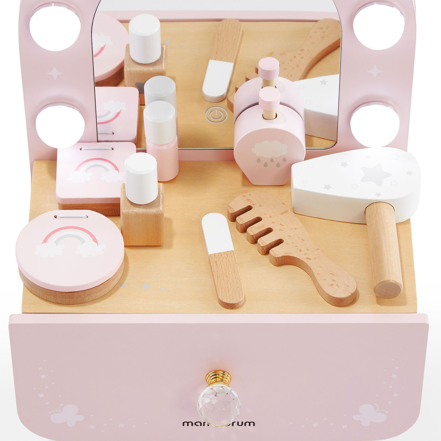 Lesena mini toaletna mizica za otroke z dodatki in LED osvetlitvijo z gladko nastavitvijo svetlosti