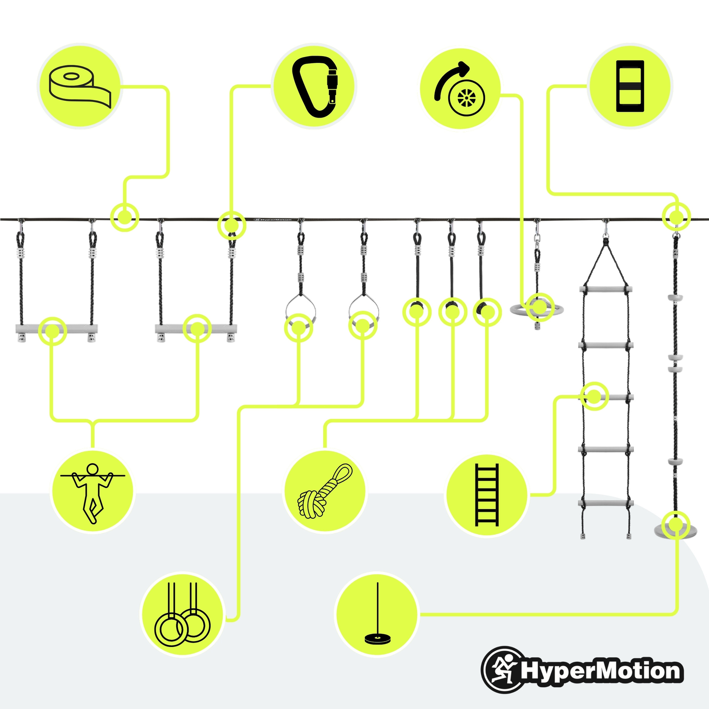 Nindža proga z ovirami za otroke - HyperMotion slackline set - 10 ovir