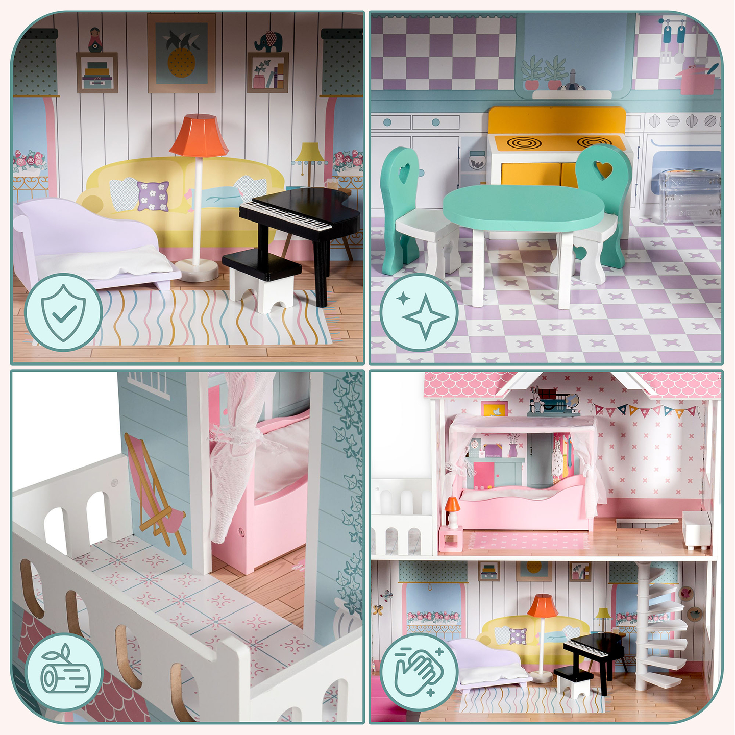 XXL Največja lesena hišica za lutke - 123 cm - LED osvetlitev - terasa, dodatki, vrt