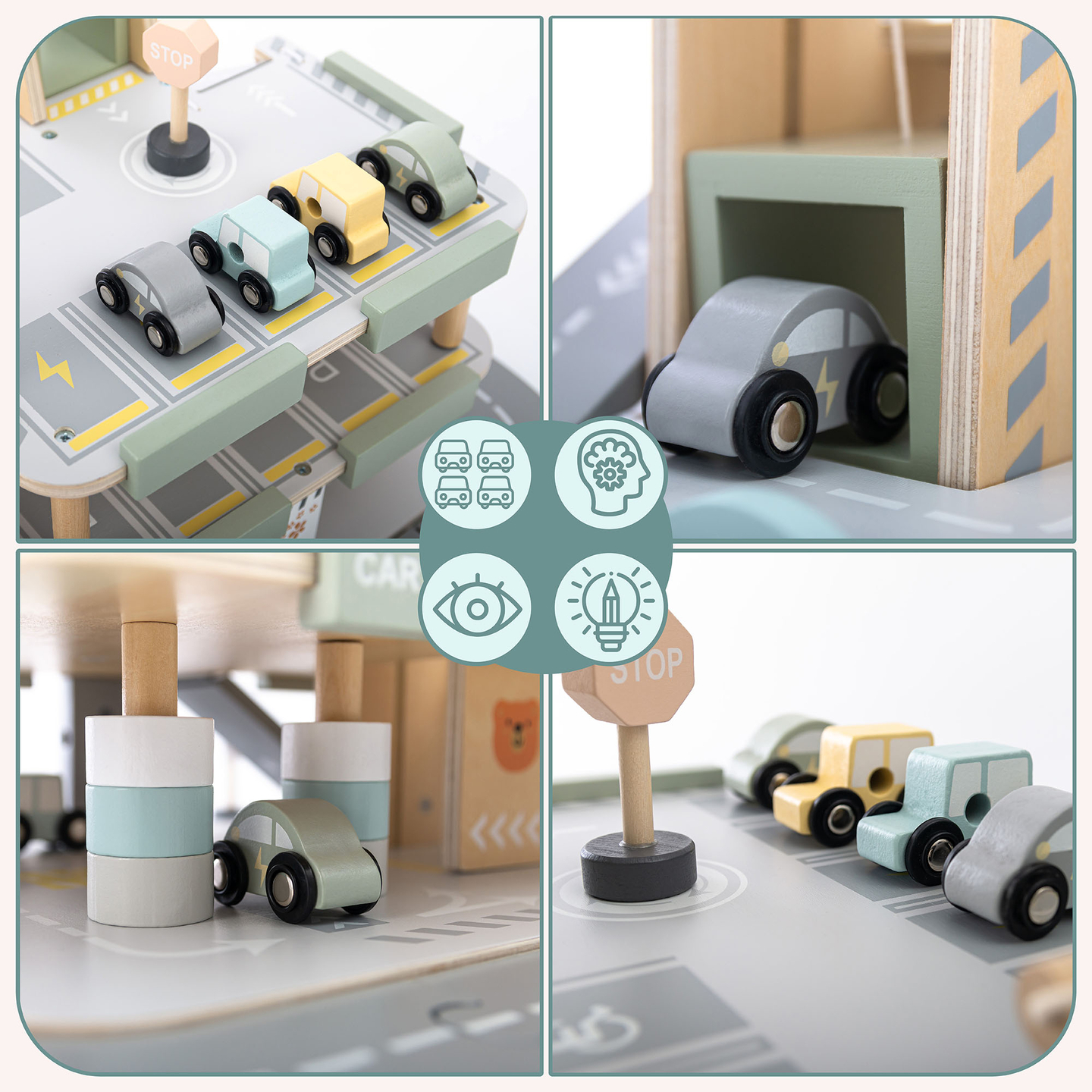 Lesena, trinadstropna garaža za otroke z dodatki – parkirišče, bencinska črpalka, avtopralnica, helikopter