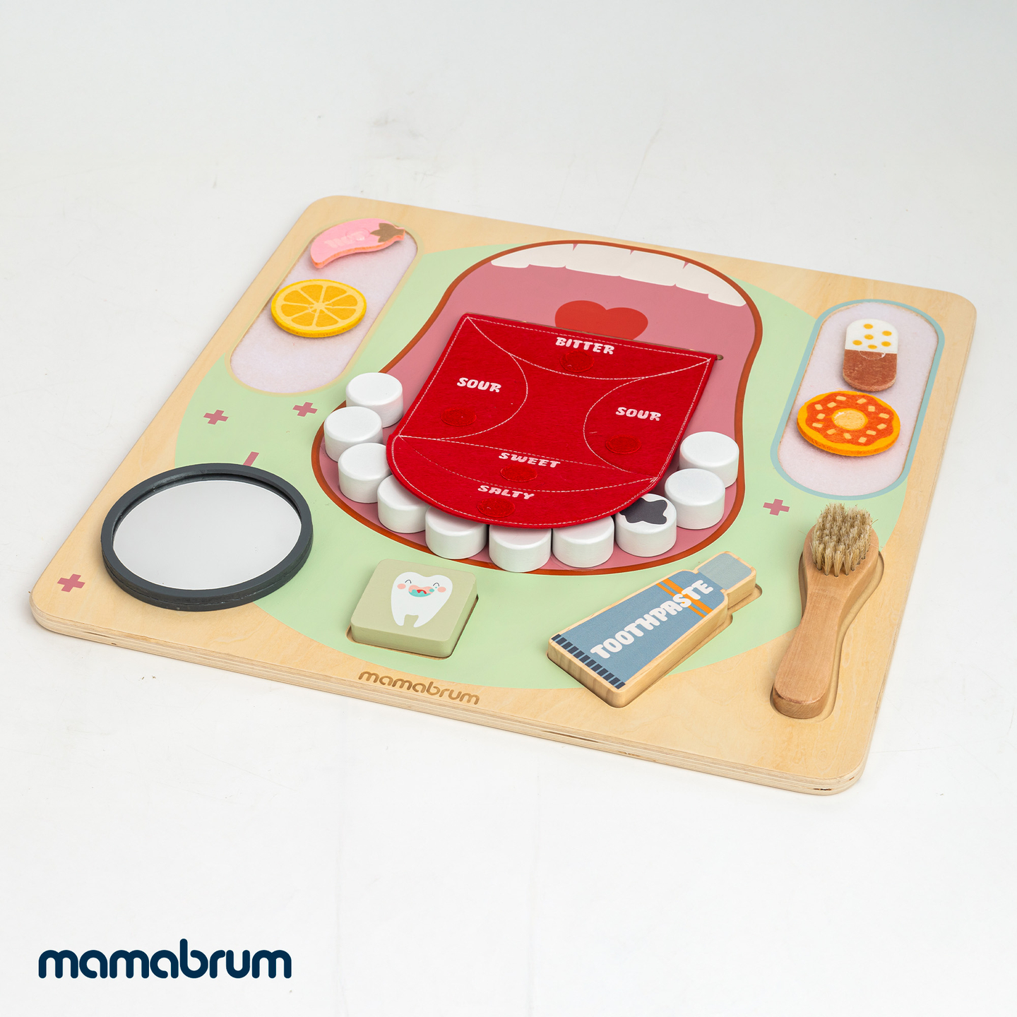 Lesena Montessori izobraževalna tabla Mali zobozdravnik - zobna ščetka, zobna pasta, odstranljivi zobje, ogledalo, hrana, učni okusi