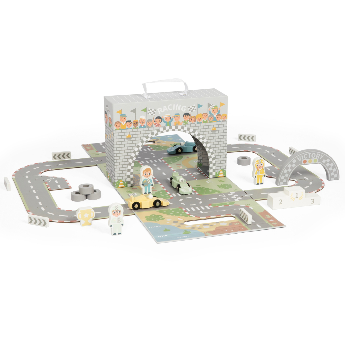 Magnetni kovček z dirkališčem, lesenimi vozili in cestnimi dodatki