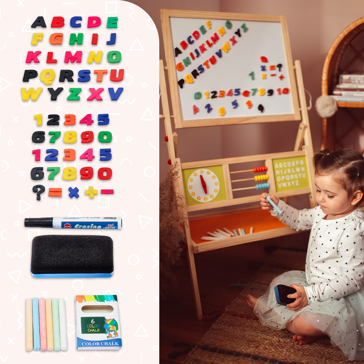 Velika izobraževalna dvostranska tabla: magnetna in kredna - tabla za brisanje na suho, lesena