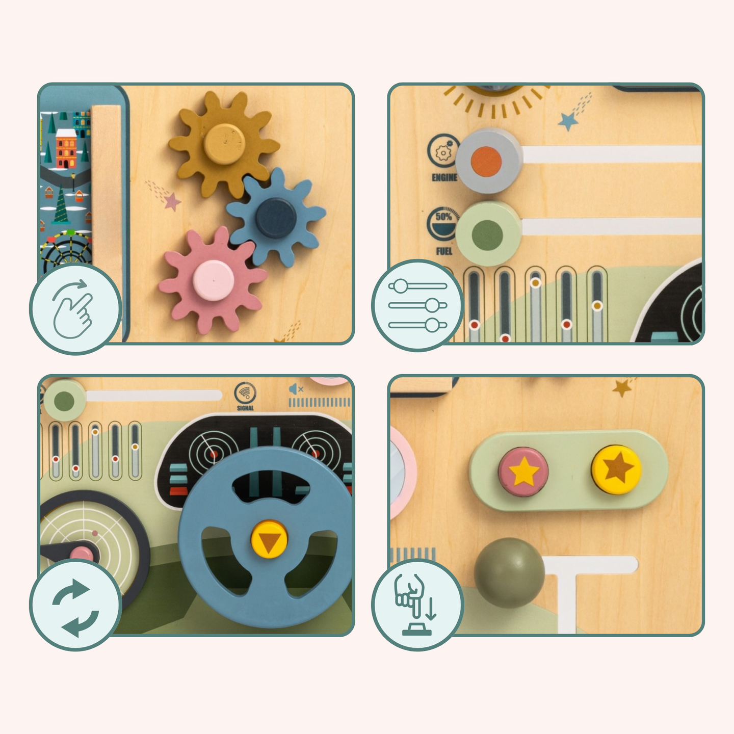 Lesena Montessori tabla 2 v 1 kokpit za malega voznika in pilota – volan, prestavna ročica, potovalni zemljevidi, radar